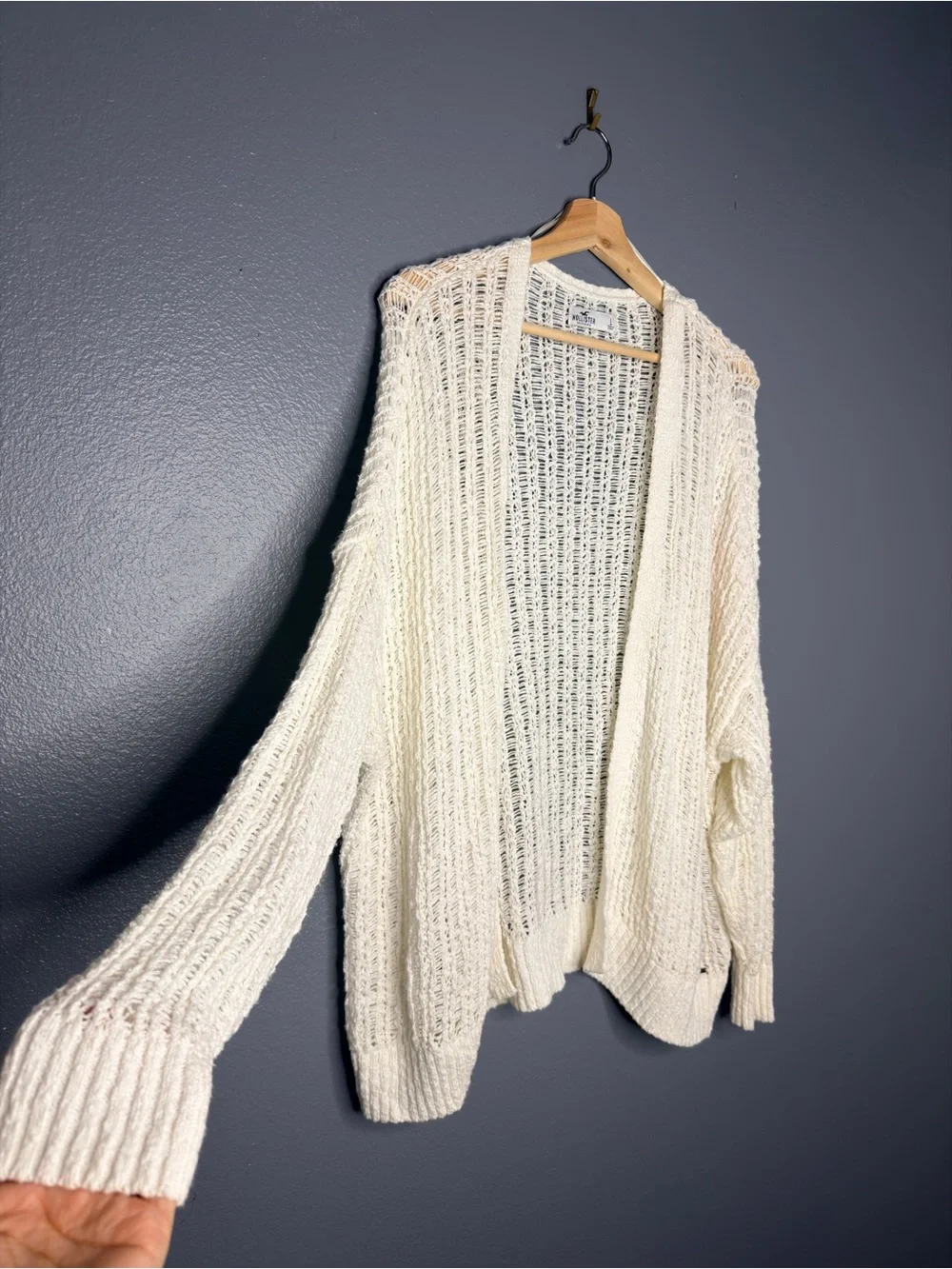 Hollister Open-Knit Cream Coastal Grandma Cottagecore Cardigan Large